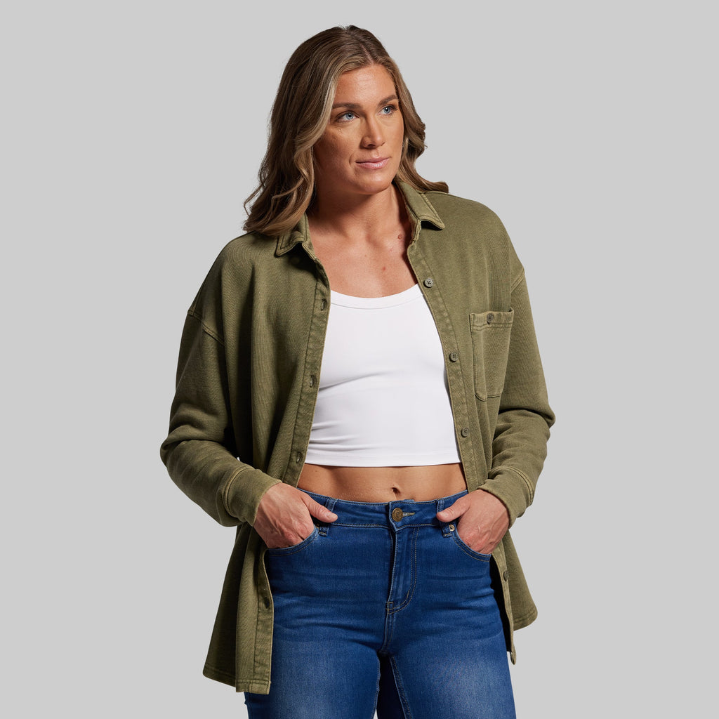 Women's Oversized Washed Button Up (Deep Green)