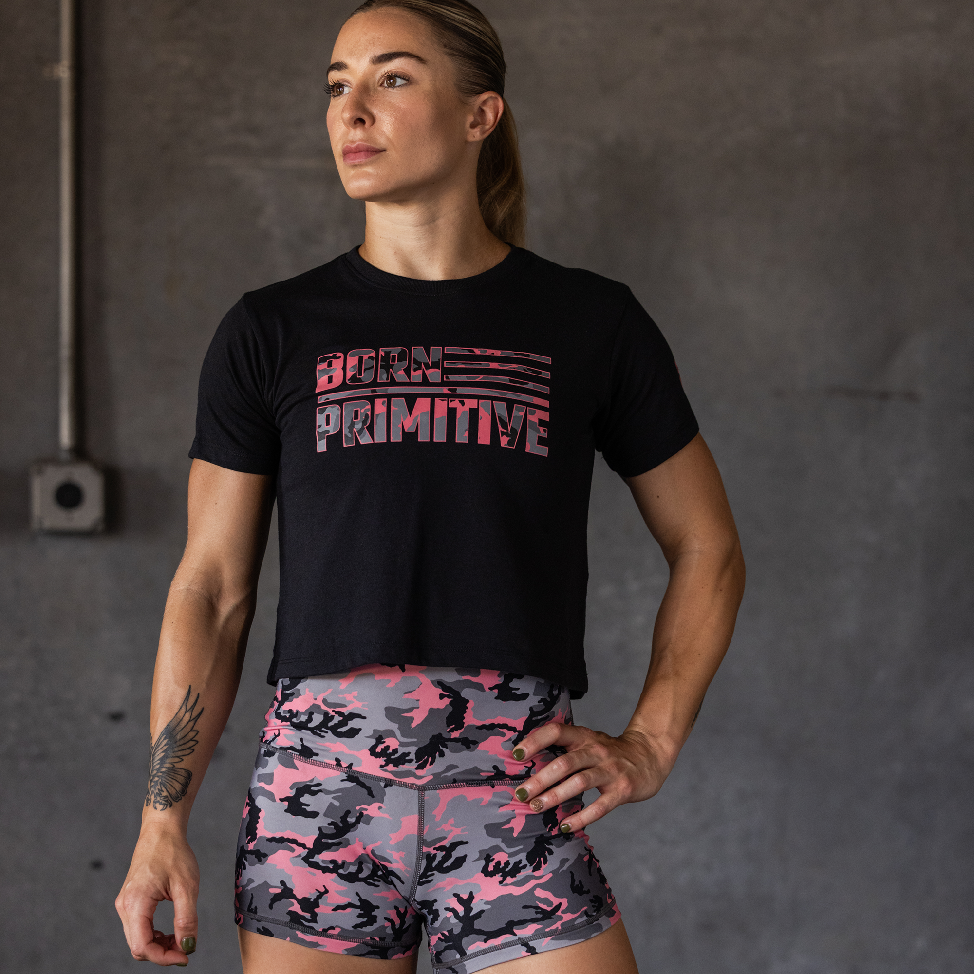 BP Flag Crop Tee (Black/Pink Woodland)